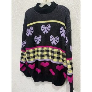 VTG women Small knit sweater Tunic Black Purple Bows Heart 1980s 1990s Oversized
